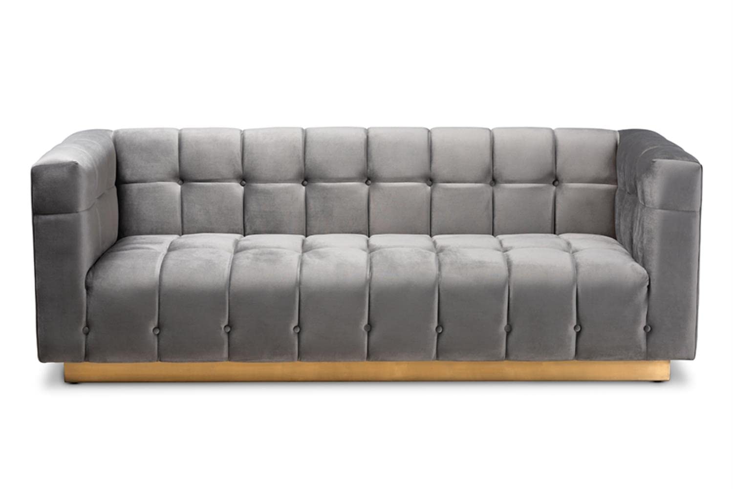 Baxton Studio Loreto Glam and Luxe Grey Velvet Fabric Upholstered Brushed Gold Finished Sofa